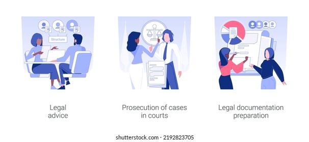 Legal department isolated concept vector illustration set. Legal advice for corporate business, prosecution of cases in court, legal documentation preparation, corporate lawer vector cartoon.