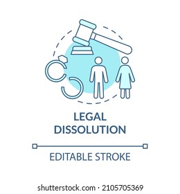 Legal dissolution turquoise concept icon. Partners separation process abstract idea thin line illustration. Isolated outline drawing. Editable stroke. Roboto-Medium, Myriad Pro-Bold fonts used