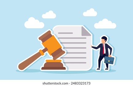 A legal document from an attorney's or court professionals office, representing the approval of law and judgment, A mature lawyer holding a legal document alongside a gavel, symbolizing the court