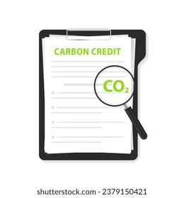 Legal document Co2 limit emissions idea and net zero emission carbon credit offset concept. A magnifying glass inspects the document. The concept of zero emissions. Vector illustration