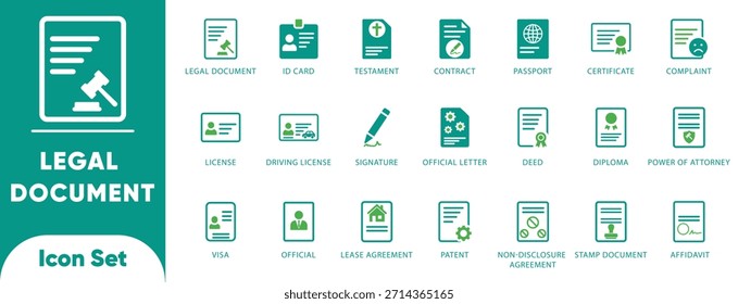 Documento legal y Vectores contractuales. Presenta símbolos de patente, escritura, testamento, Licencia y declaración jurada. Ideal para el bufete de abogados UI, App notariales y formularios judiciales.