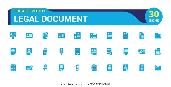 Conjunto de iconos de documentos legales rellenos. Contiene contrato, Acuerdo, pasaporte, tarjeta de identificación, iconos de glifo establecidos para Web y ui. Conjunto de iconos sólidos. Ilustración vectorial.