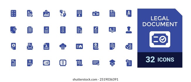 Conjunto de iconos de documentos legales rellenos. Contiene contrato, Acuerdo, pasaporte, tarjeta de identificación, iconos de glifo establecidos para Web y ui. Conjunto de iconos sólidos. Ilustración vectorial.