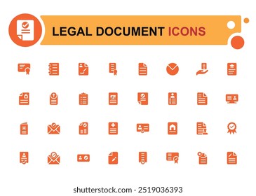 Conjunto de iconos de documentos legales rellenos. Contiene contrato, Acuerdo, pasaporte, tarjeta de identificación, iconos de glifo establecidos para Web y ui. Conjunto de iconos sólidos. Ilustración vectorial.