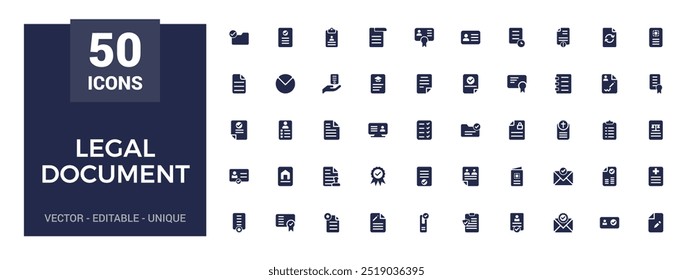 Conjunto de iconos de documentos legales rellenos. Contiene contrato, Acuerdo, pasaporte, tarjeta de identificación, iconos de glifo establecidos para Web y ui. Conjunto de iconos sólidos. Ilustración vectorial.