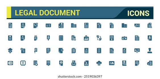 Conjunto de iconos de documentos legales rellenos. Contiene contrato, Acuerdo, pasaporte, tarjeta de identificación, iconos de glifo establecidos para Web y ui. Conjunto de iconos sólidos. Ilustración vectorial.