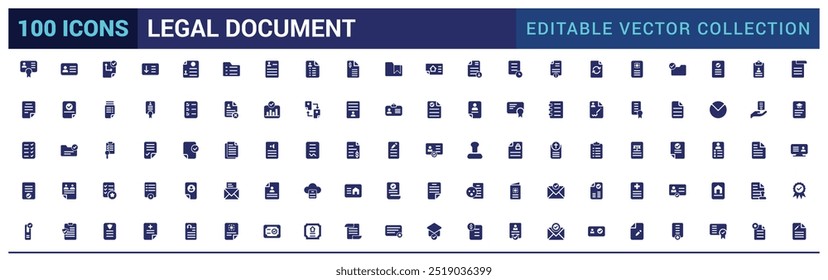 Conjunto de iconos de documentos legales rellenos. Contiene contrato, Acuerdo, pasaporte, tarjeta de identificación, iconos de glifo establecidos para Web y ui. Conjunto de iconos sólidos. Ilustración vectorial.