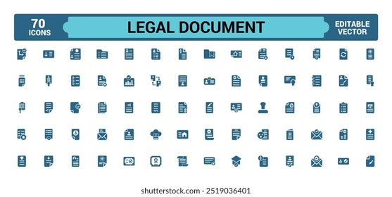 Conjunto de iconos de documentos legales rellenos. Contiene contrato, Acuerdo, pasaporte, tarjeta de identificación, iconos de glifo establecidos para Web y ui. Conjunto de iconos sólidos. Ilustración vectorial.