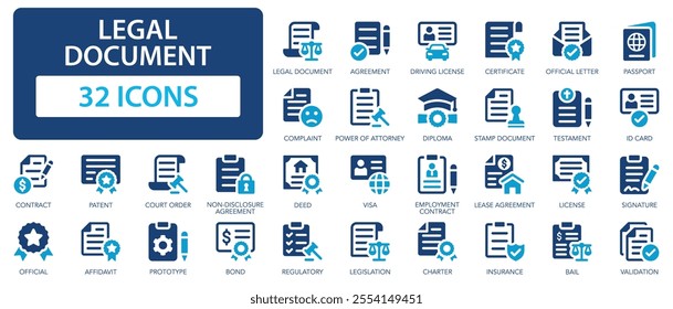 Legal document flat icons collection. Agreement, license, declaration, contract, ID card, permission, grant sign set.