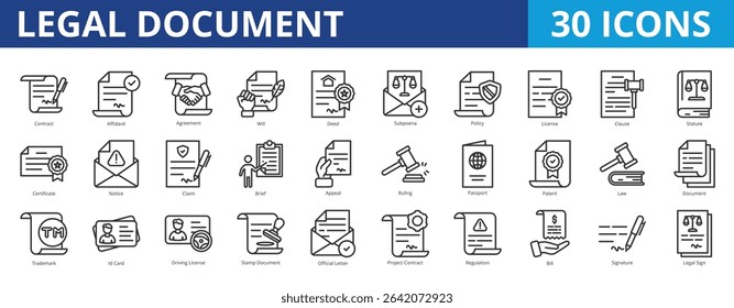 Legal document icon pack collection set for business contract and law. With contract, affidavit, agreement, policy, license, clause, notice, claim, brief, patent, law, intellectual property, file
