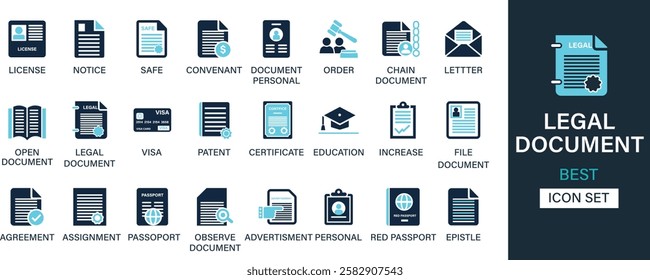 Legal document icon set collection. License, notice, safe, covenant, personal document, letter, open document, visa, certificate and best solid icon set.