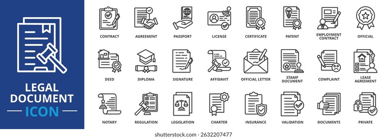 legal document icon set collection in outline style. an icon pack contain contract, passport, agreement, certificate, license, patent, employment contract, official, deed, diploma