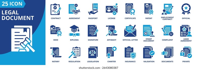 documento legal ícone conjunto coleção em estilo de tom duplo. um pacote de ícones contém contrato, passaporte, acordo, certificado, licença, patente, contrato de trabalho, oficial, escritura, diploma
