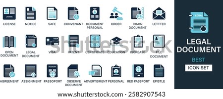 Legal document icon set collection. License, notice, safe, covenant, personal document, letter, open document, visa, certificate and best solid icon set.