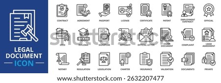legal document icon set collection in outline style. an icon pack contain contract, passport, agreement, certificate, license, patent, employment contract, official, deed, diploma