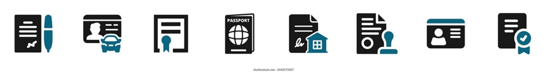 Legal document icon set. Containing contract, agreement, passport, ID card, certificate, license, patent, testament and so on. Flat legal documents vector designs.