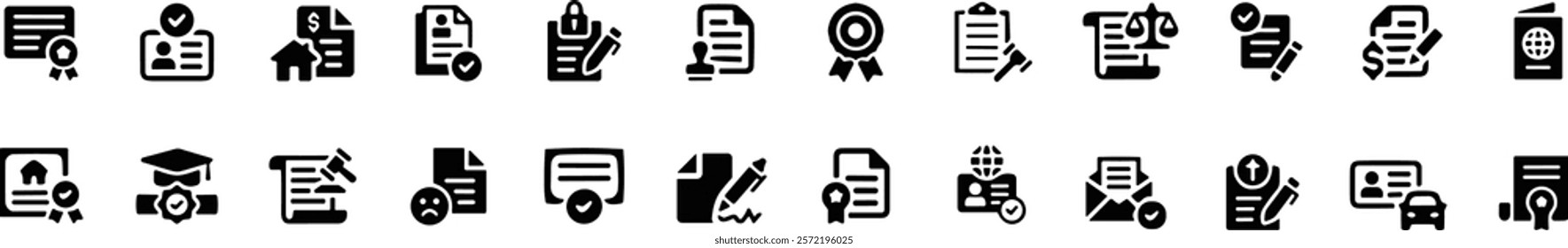 Legal document icon set. Containing contract, agreement, passport, ID card, certificate, license, patent, testament. Vector illustration