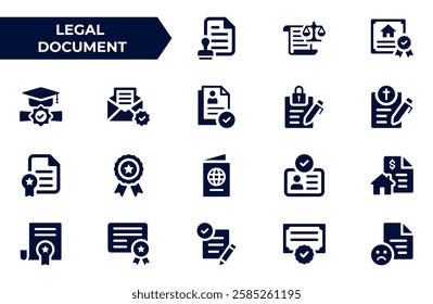 Legal document icon set. Containing contract, agreement, passport, ID card, certificate, license, patent, testament and more. Vector solid icons collection.