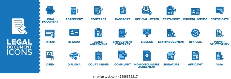 Legal document icon set. Containing contract, agreement, passport, ID card, certificate, license, patent, testament and more. Vector solid icons collection. legal document icons set or pack