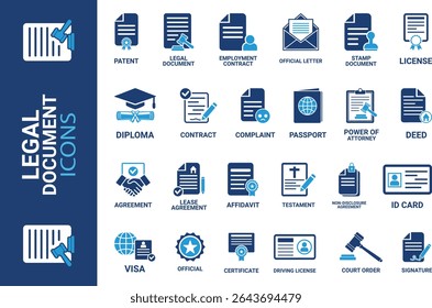 Conjunto de ícones de documento legal. Contendo contrato, contrato, passaporte, bilhete de identidade, certificado, licença, patente, testamento e muito mais. Coleção de ícones sólidos de vetor