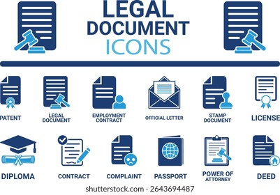 Conjunto de ícones de documento legal. Contendo contrato, contrato, passaporte, bilhete de identidade, certificado, licença, patente, testamento e muito mais. Coleção de ícones sólidos de vetor