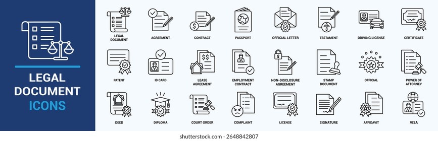 Conjunto de ícones de documento legal. Contendo contrato, contrato, passaporte, bilhete de identidade, certificado, licença, patente, testamento e muito mais. Coleção de ícones sólidos de vetor.