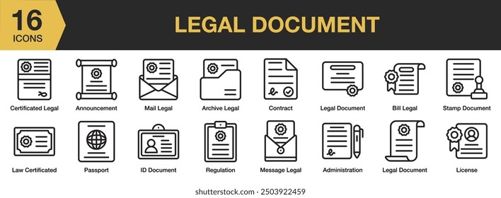 Legal Document icon set. Includes law certificate, license, mail, message, passport, regulation, and More. Outline icons vector collection.