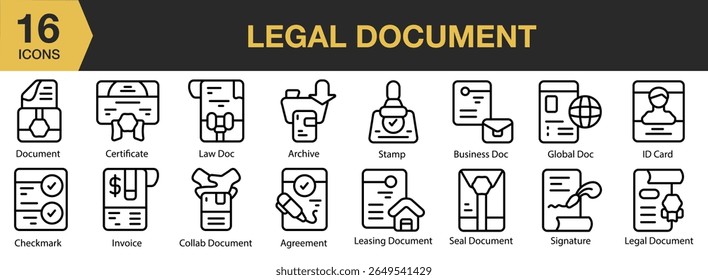 Legal Document icon set. Includes legal, contract, document, law, agreement, and More. Outline icons vector collection.