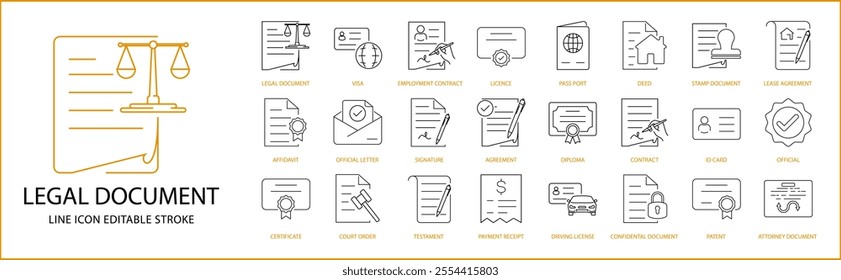 Legal Document icon Set in line Style. Legal Doccument Icons. Vector Illustration. Editable Stroke.