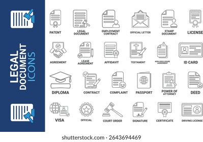 Conjunto de ícones de documento legal. Ícones de arte de linha Contendo contrato, contrato, passaporte, bilhete de identidade, certificado, licença, patente, testamento e muito mais. Coleção de ícones sólidos de vetor