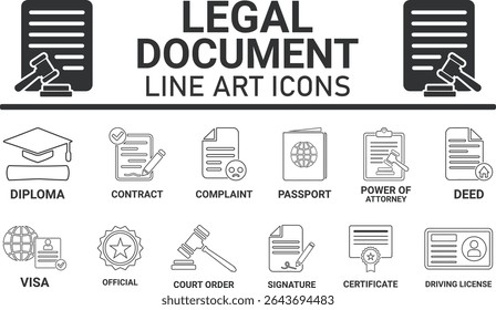Conjunto de ícones de documento legal. Ícones de arte de linha Contendo contrato, contrato, passaporte, bilhete de identidade, certificado, licença, patente, testamento e muito mais. Coleção de ícones sólidos de vetor
