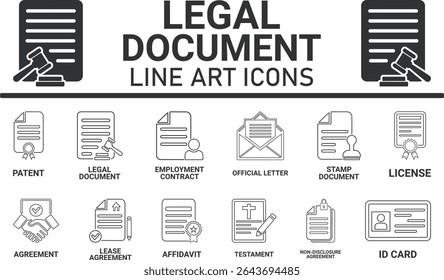 Conjunto de ícones de documento legal. Ícones de arte de linha Contendo contrato, contrato, passaporte, bilhete de identidade, certificado, licença, patente, testamento e muito mais. Coleção de ícones sólidos de vetor