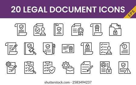 Legal document icon set, vector, in line style, for office, archive, business, law, education, finance, etc.