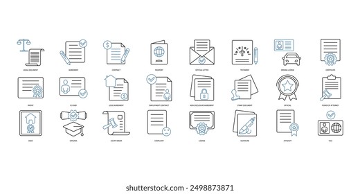 Conjunto de iconos de documento legal. Conjunto de iconos de trazo editables. Conjunto de documento legal