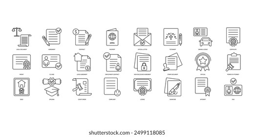 Conjunto de iconos de documento legal. Conjunto de iconos de trazo editables. Conjunto de documento legal