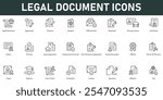 legal Document Icons vector illustration with thin line editable stroke containing agreement contract passport driving license certificate patent ID card official diploma court order visa