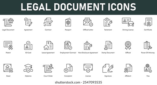 documento legal ícones ilustração vetorial com linha fina editável traço contendo contrato contrato passaporte carta de condução certificado patente ID cartão diploma oficial tribunal ordem visto