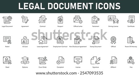 legal Document Icons vector illustration with thin line editable stroke containing agreement contract passport driving license certificate patent ID card official diploma court order visa