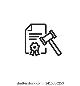 Legal document line icon. Investigation report, gavel, decision. Law concept. Can be used for topics like defend, auction, trial