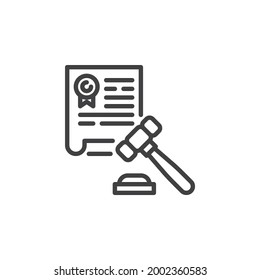 Rechtliches Dokument-Zeilensymbol. lineares Stilzeichen für mobiles Konzept und Webdesign. Vertragsdokument und Richter Umriss-Vektorsymbol. Symbol, Logo-Abbildung. Vektorgrafik