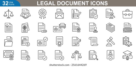 Legal document line icons set. Contract, agreement, law, signature, notary, legal brief, court, compliance, terms conditions and more. vector illustration