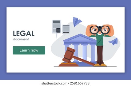 Legal document poster. Man with binoculars near judges gavel and courthouse. Judgment and justice. Attorney and legal defense. Landing page design. Flat vector illustration