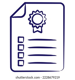 Legal document with seal and list. Simple outline vector blue icon drawn with brush isolated on transparent background