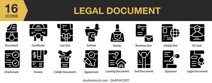 Legal Document solid icon set. Includes legal, contract, document, law, agreement, and More. Solid icons vector collection.