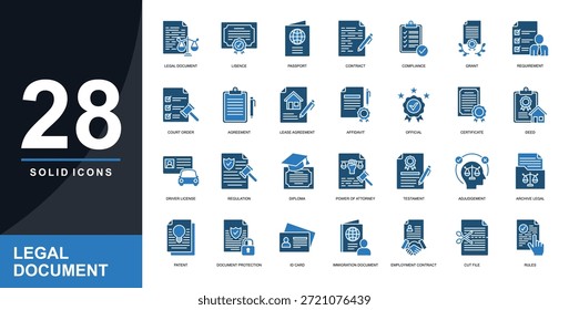 Conjunto de iconos sólidos de documento legal. Que Contiene Documento Legal, Pasaporte, Contrato, Cumplimiento, Subvención, Requisito, Orden Judicial