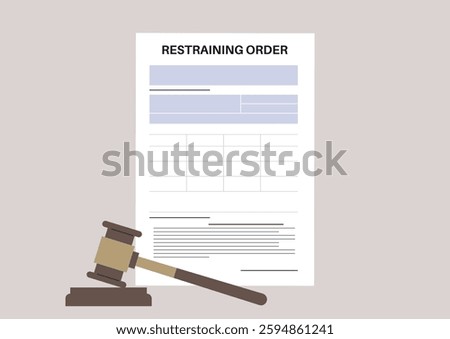 A legal document titled Restraining Order lies next to a gavel, emphasizing the serious nature of legal protection, It serves as a reminder of the steps taken for personal safety and security.