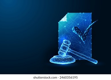 Legal document verification, attorney futuristic concept with gavel and check mark symbol in glowing low polygonal style on dark blue background. Modern abstract connection design vector illustration