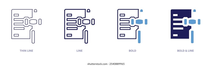 Ícone de documentação legal em 4 estilos diferentes. Linha fina, Linha, Negrito e Linha Negrito. Estilo duotônico. Traçado editável.