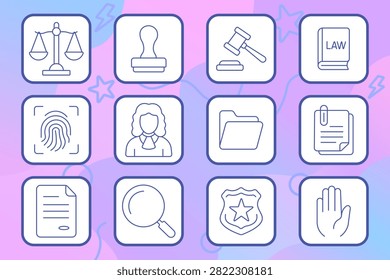 Legal Documentation set icon. Justice scales, official stamp, gavel, law handbook, biometric identification, attorney profile, archive folder, paperwork records, certificate, investigation lens
