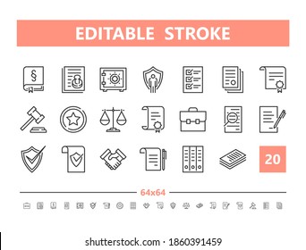 Legal documents 20 line icons. Vector illustration in line style. Editable Stroke, 64x64, 256x256, Pixel Perfect.